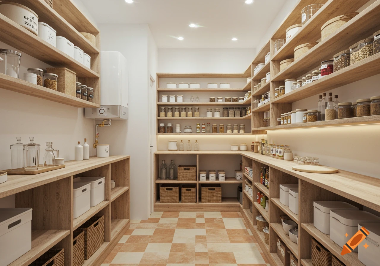 A bright, modern, and organized walk-in pantry featuring wooden shelves filled with jars, baskets, and food items, with a checkerboard floor and under-shelf lighting.