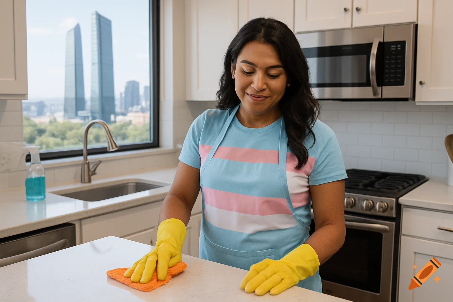 Woman in a transgender flag apron cleaning a modern kitchen counter with a city skyline view.