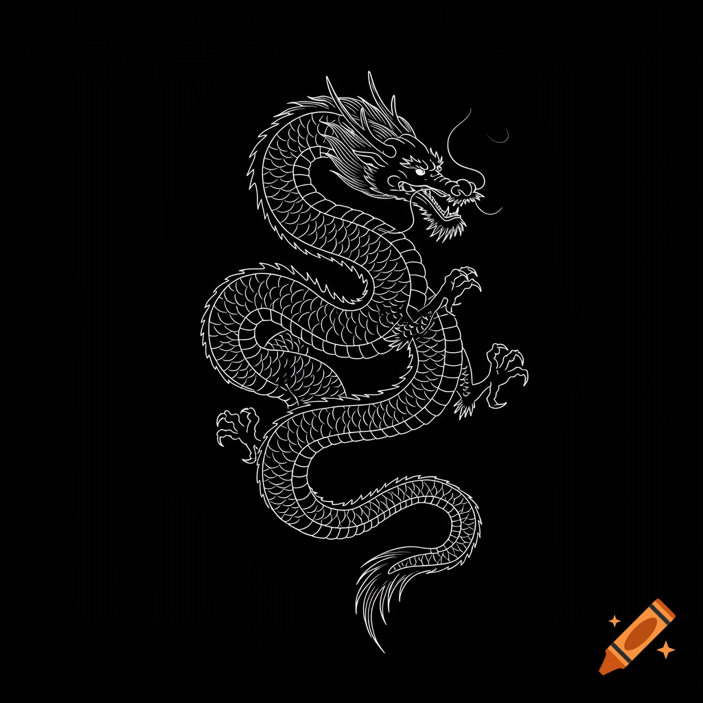 A white outline drawing of a Japanese dragon on a black background.