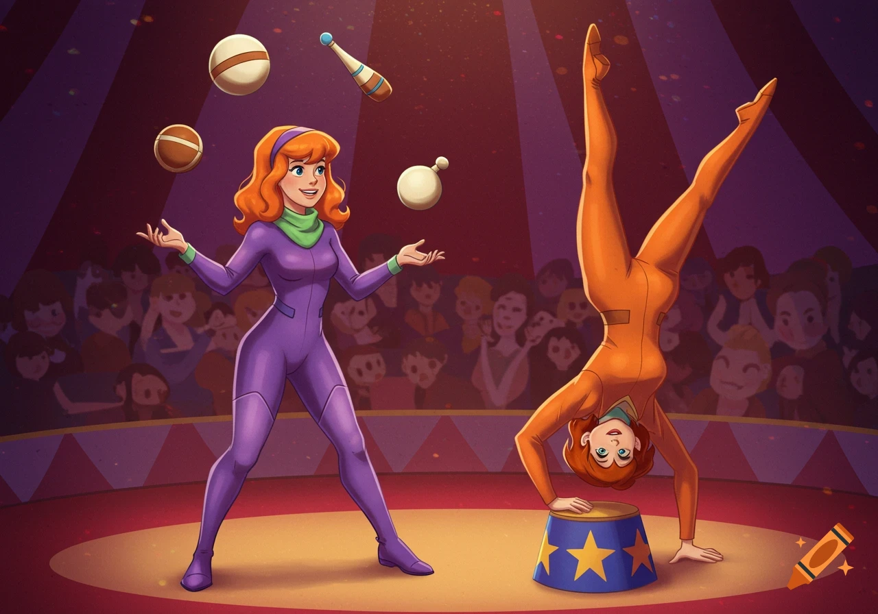 Daphne juggling and Velma doing a handstand in a circus tent, cartoon style.