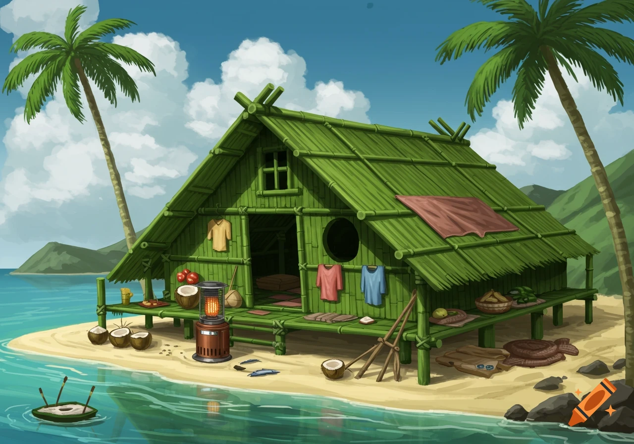 An illustration of a green bamboo hut on a sandy tropical island with palm trees, a heater, coconuts, and fish.