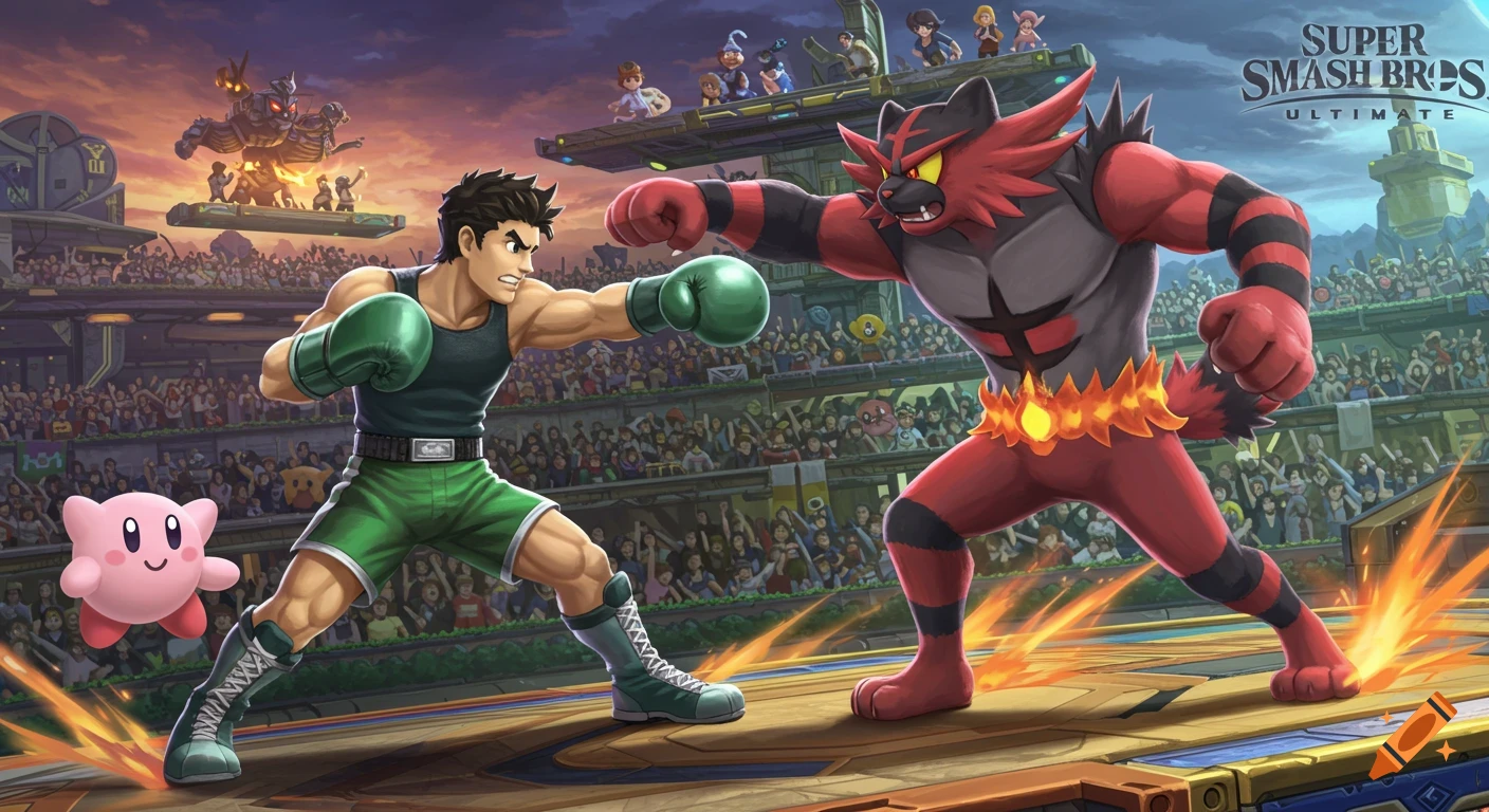 Little Mac and Incineroar square off in a lively Super Smash Bros Ultimate arena with Kirby and spectators.