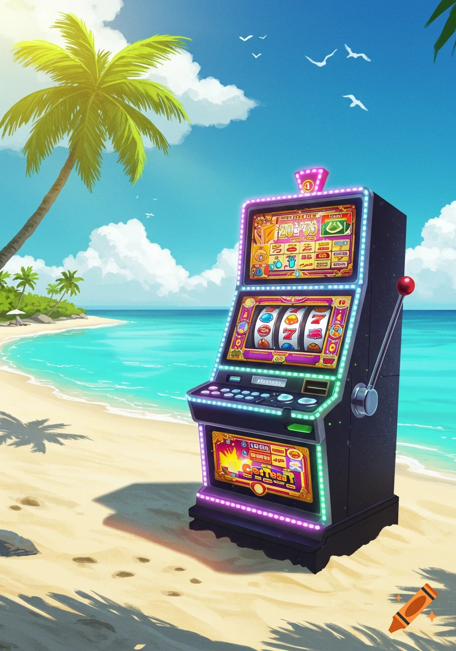 An illustrative slot machine on a sunny tropical beach with palm trees and clear blue ocean water.