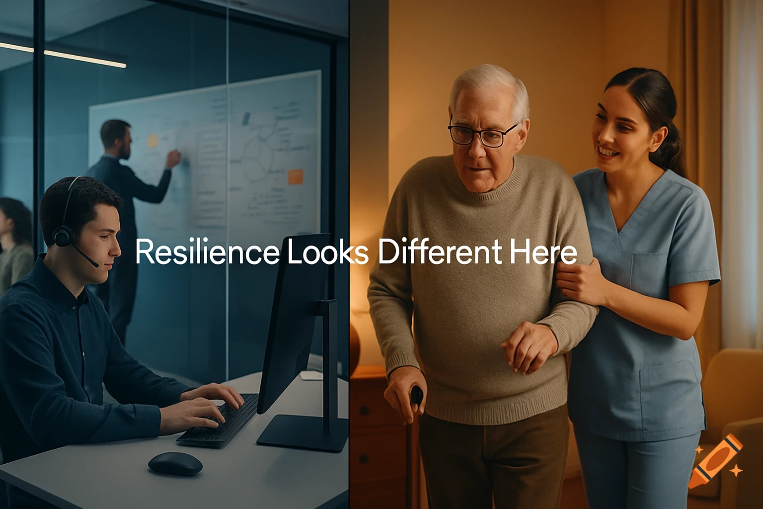 Split screen showing a man working at a computer in a modern office and a caregiver assisting an older man in a care home. Text overlay reads "Resilience Looks Different Here."