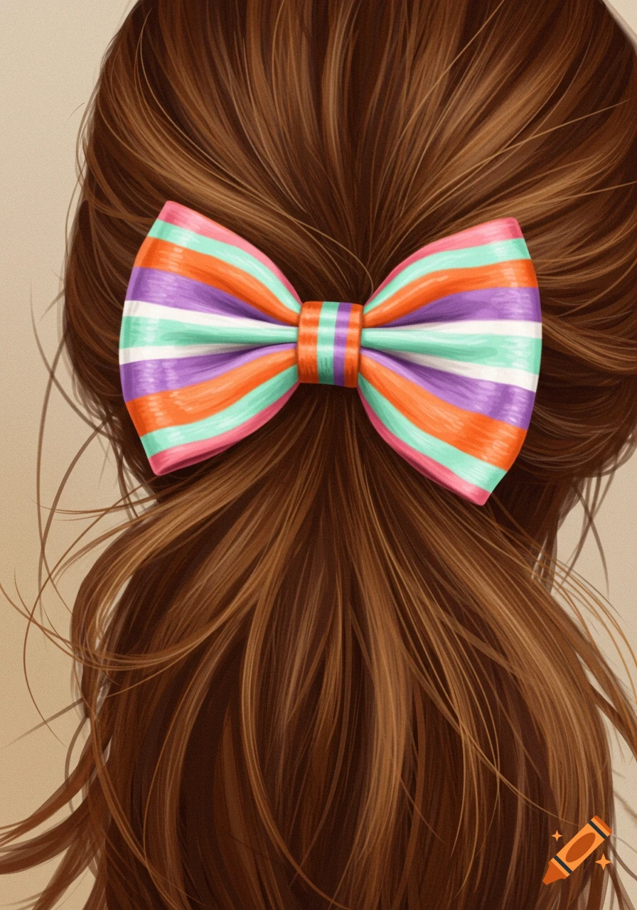 Close-up of a vibrant orange, purple, mint green, and white striped bow tied in brown hair.