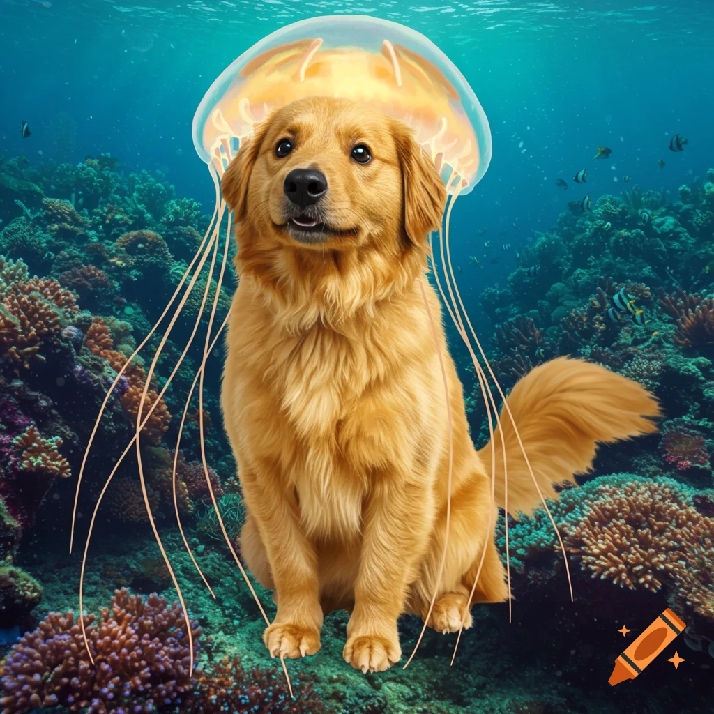 A golden retriever dog with a translucent jellyfish on its head, sitting on coral in a vibrant underwater scene.