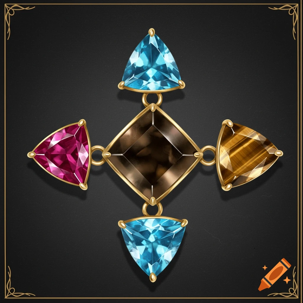 A gold pendant featuring a central square smoky quartz gem surrounded by triangle-cut ruby, aquamarine, amethyst, and tiger's eye gems on a dark background.