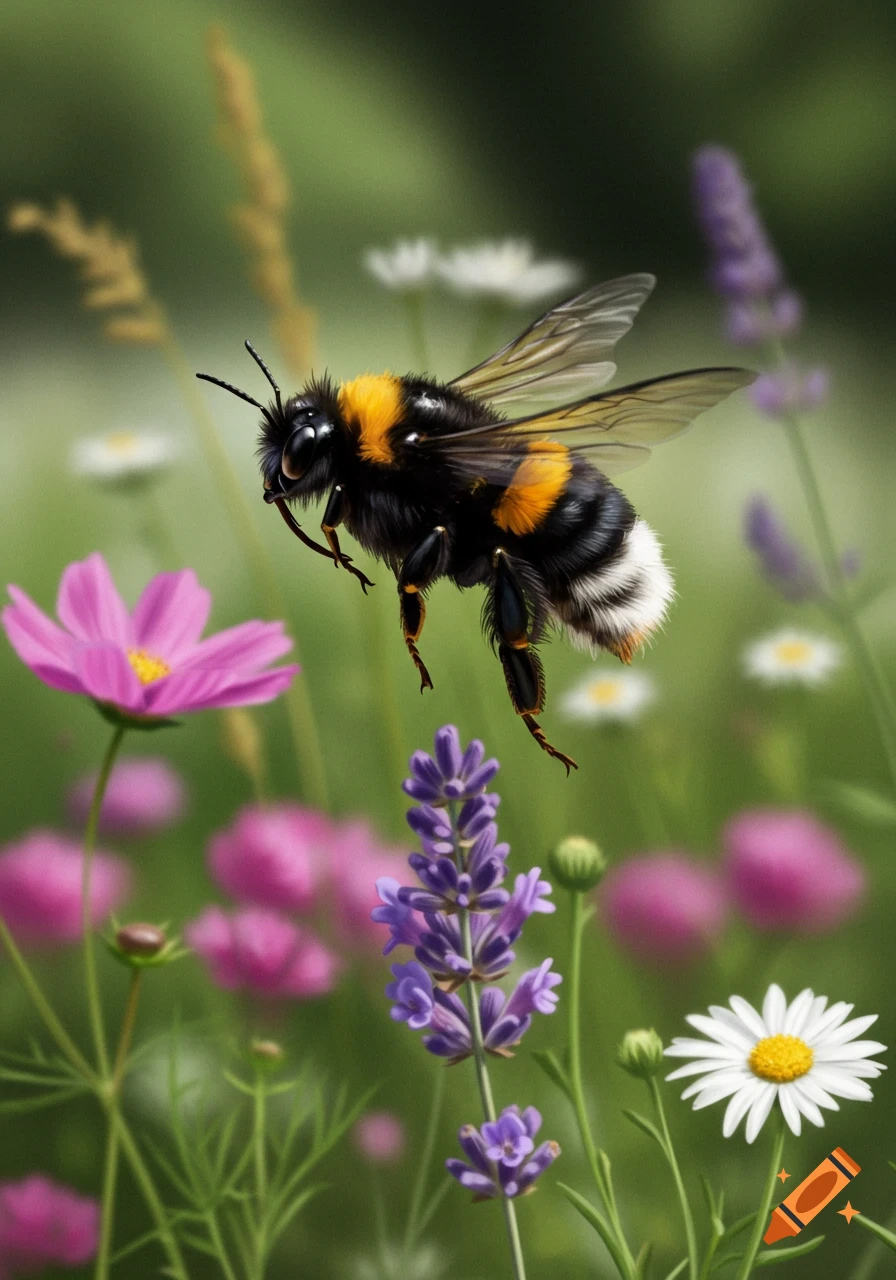 A large bumblebee with black and yellow stripes flies above pink and purple flowers in a green field.