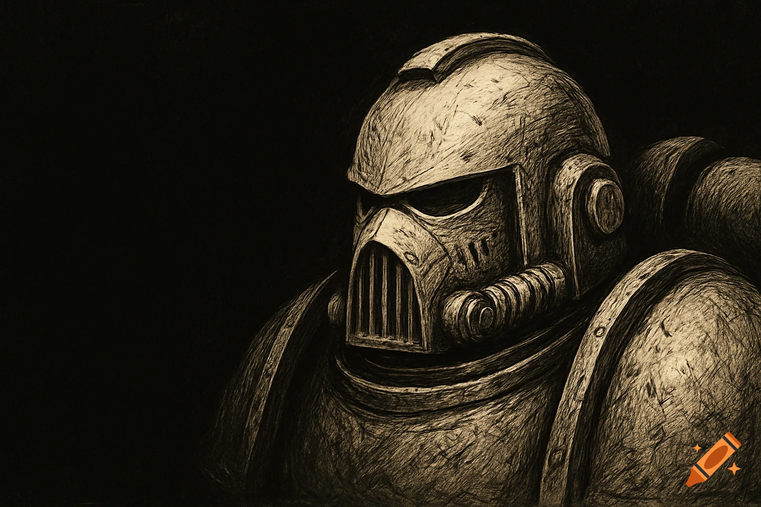 Sepia-toned sketch drawing of a Warhammer Space Marine Mark III helmet against a black background.