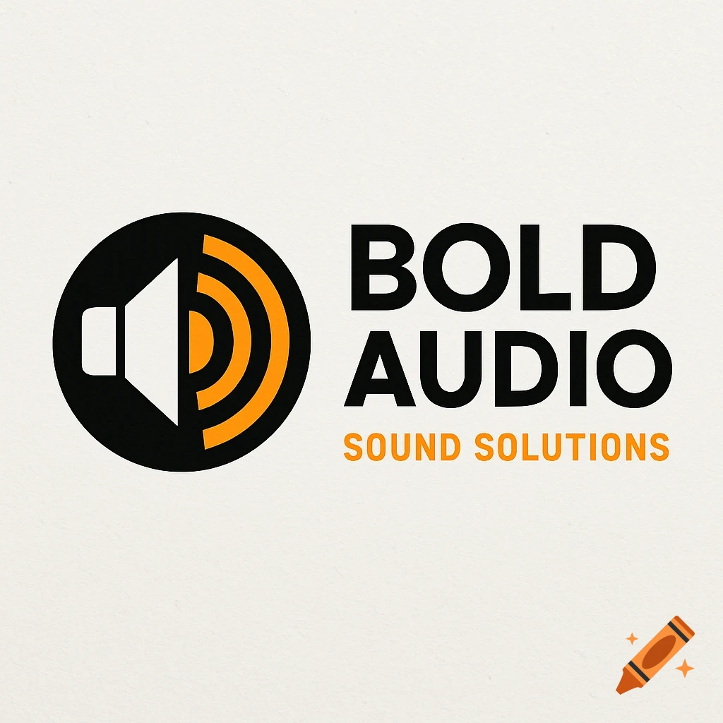 A logo for Bold Audio Sound Solutions, featuring a white speaker icon within a black circle, emitting orange sound waves to the right. The text 'BOLD AUDIO' is above 'SOUND SOLUTIONS' in black and orange.