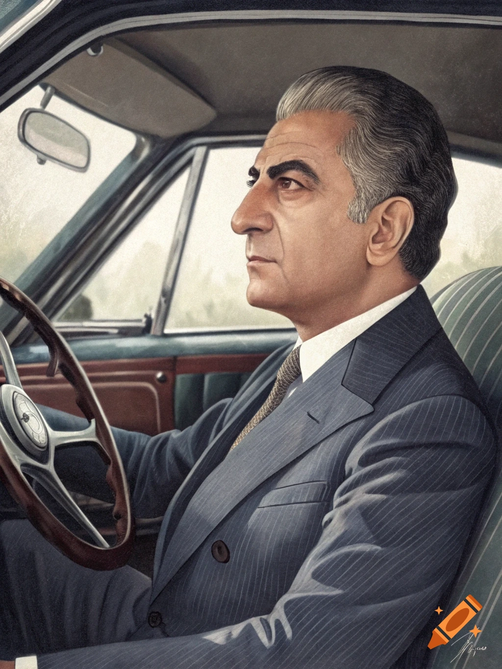 A side profile portrait of a man with gray hair in a pinstripe suit, driving a vintage car. Rendered in a detailed illustration style.