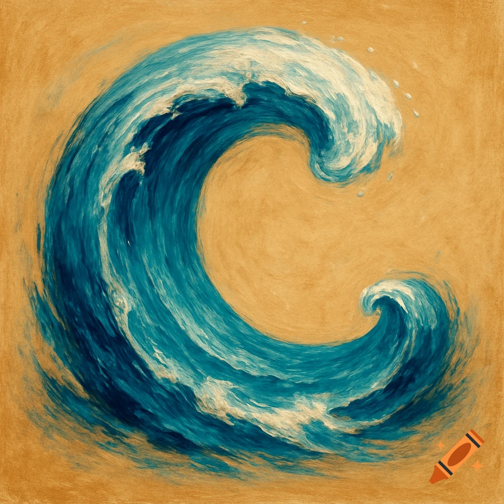 A large blue ocean wave shaped like the letter 'C' against a textured orange-brown background.
