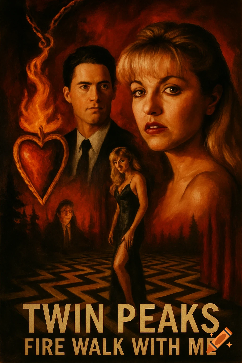 Stylized movie poster for Twin Peaks: Fire Walk With Me, featuring portraits of characters and a flaming heart against a red background.