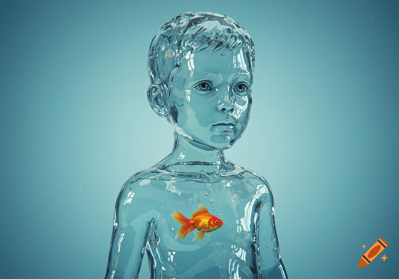 A transparent, glass-like boy figure holds a goldfish swimming in water inside his chest against a blue background.