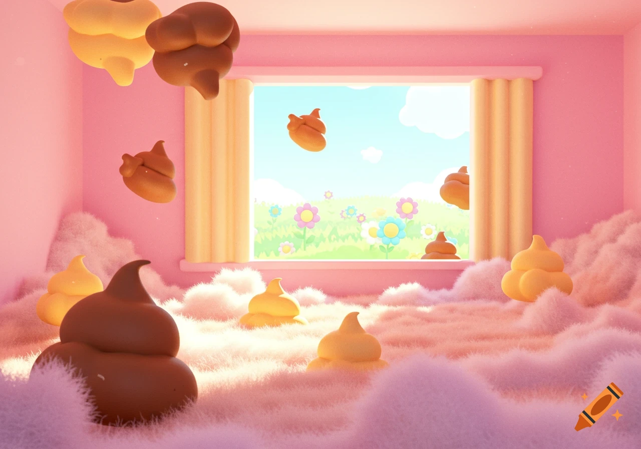 Cartoon brown and yellow poop shapes in a pink, fluffy room with a flower field visible through a window.