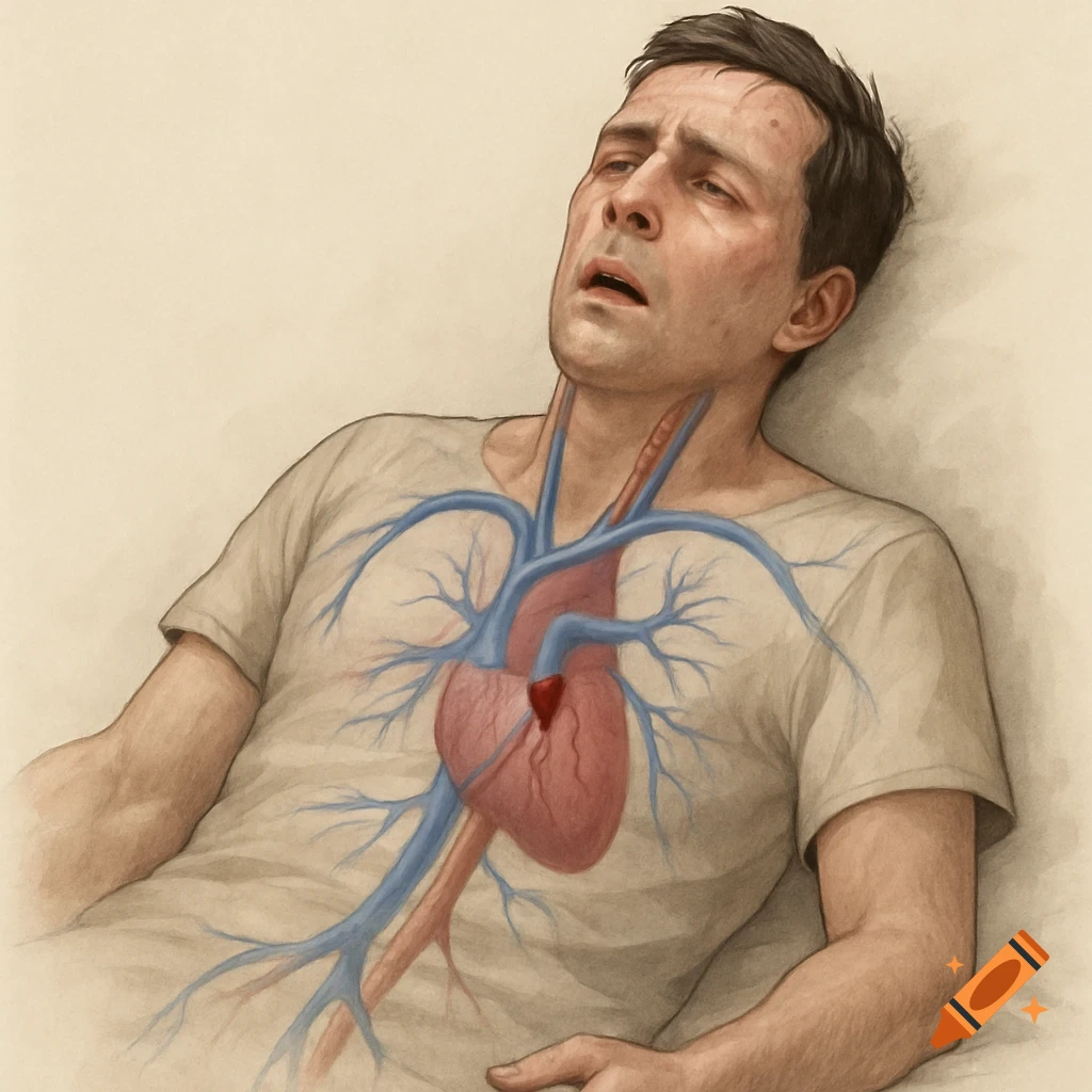 Medical illustration of a man in distress with his heart and veins overlaid on his chest.