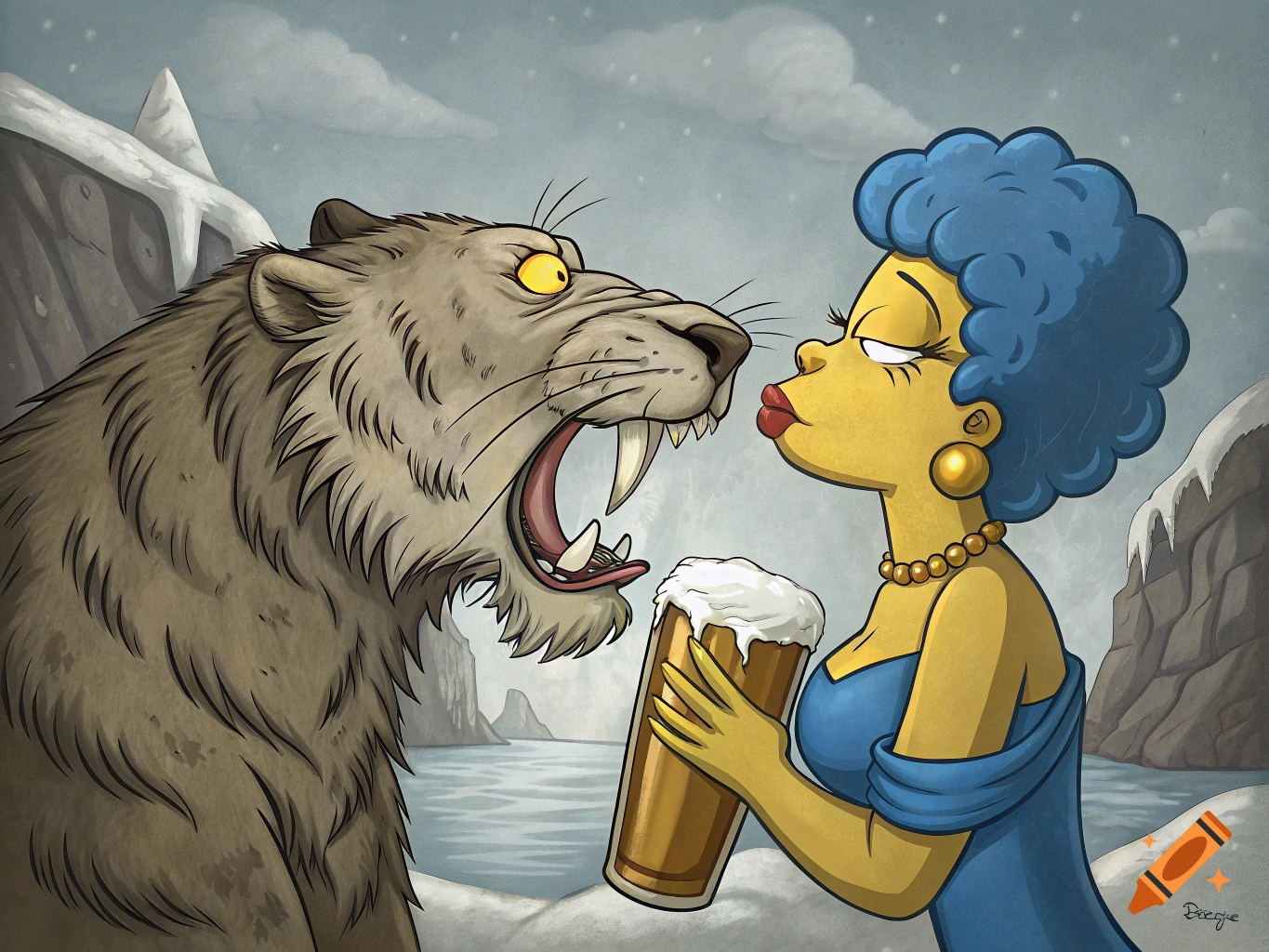 Cartoon Marge Simpson holds a beer facing an angry saber tooth tiger in a snowy landscape.