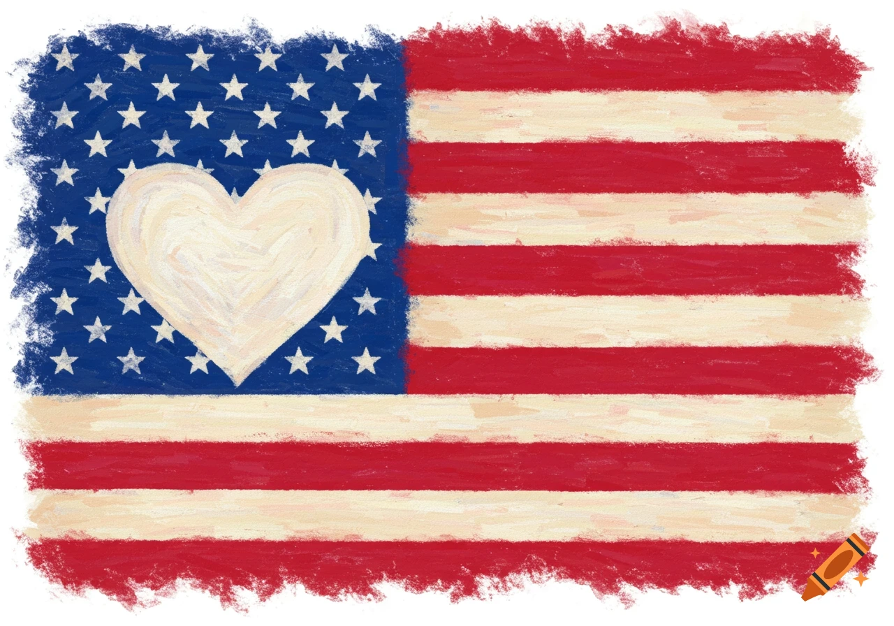 American flag with a large white heart in the blue field, rendered in a painterly style with distressed edges.