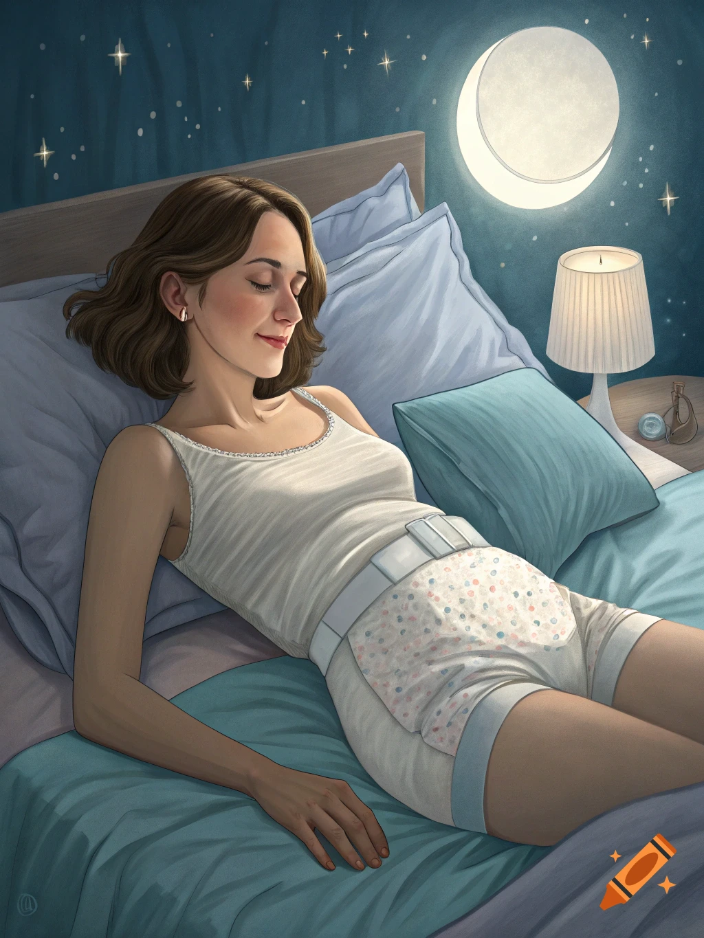 A woman with brown hair sleeps peacefully in bed, wearing a white tank top and a patterned adult diaper under a full moon.