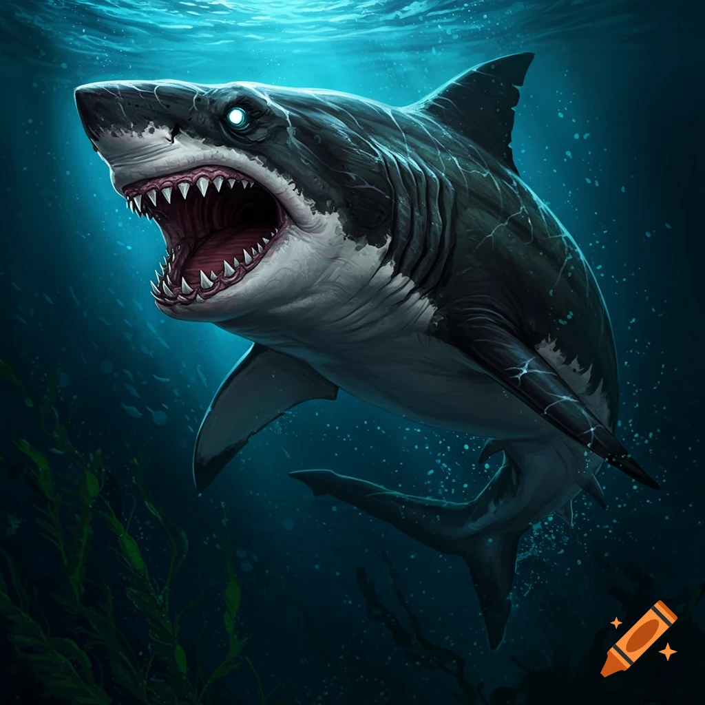 A menacing, stylized shark with glowing eyes and open mouth swims in dark blue water with light filtering from above.