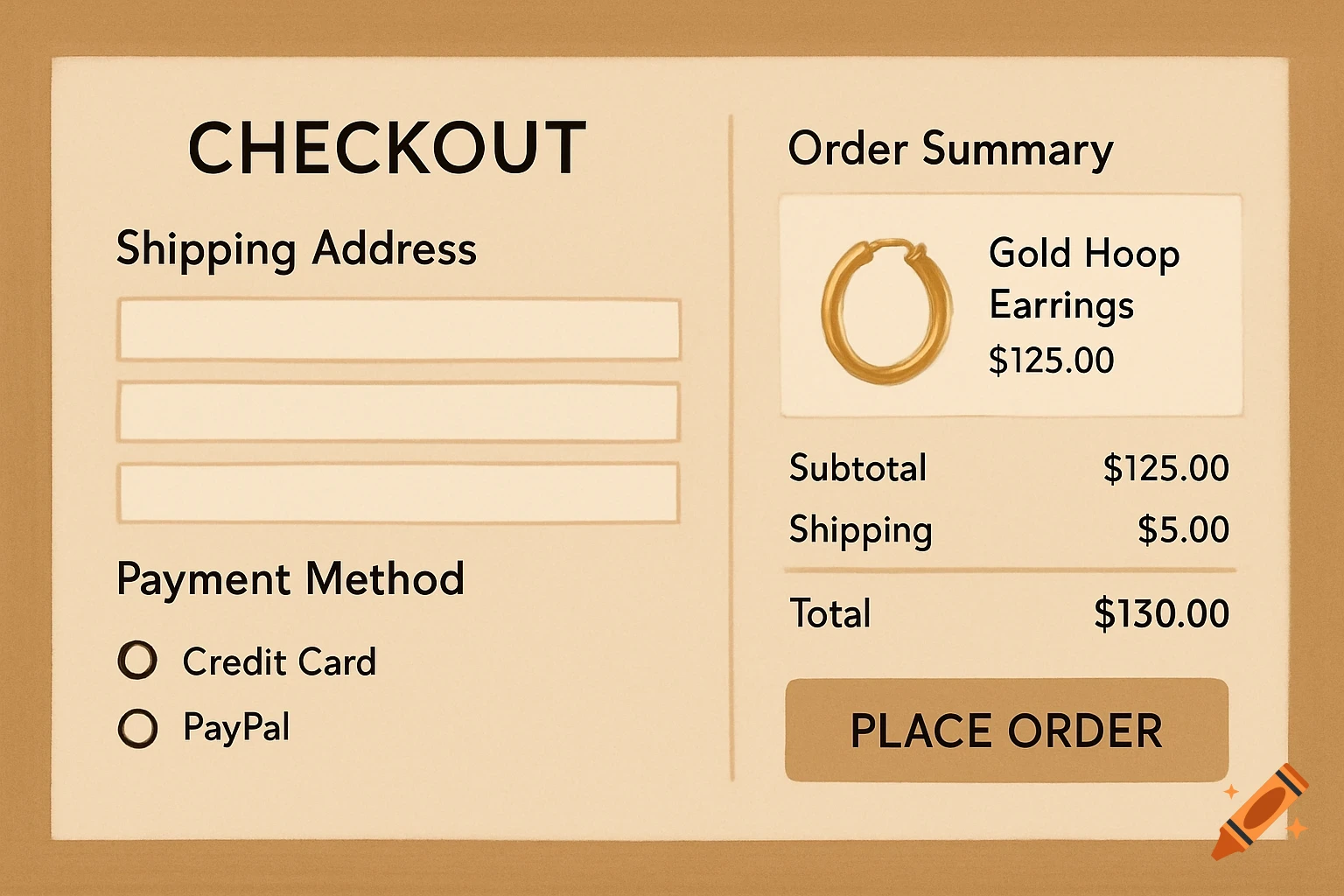 An online jewelry store checkout page showing shipping and payment methods, an order summary for gold hoop earrings, and a 'PLACE ORDER' button.