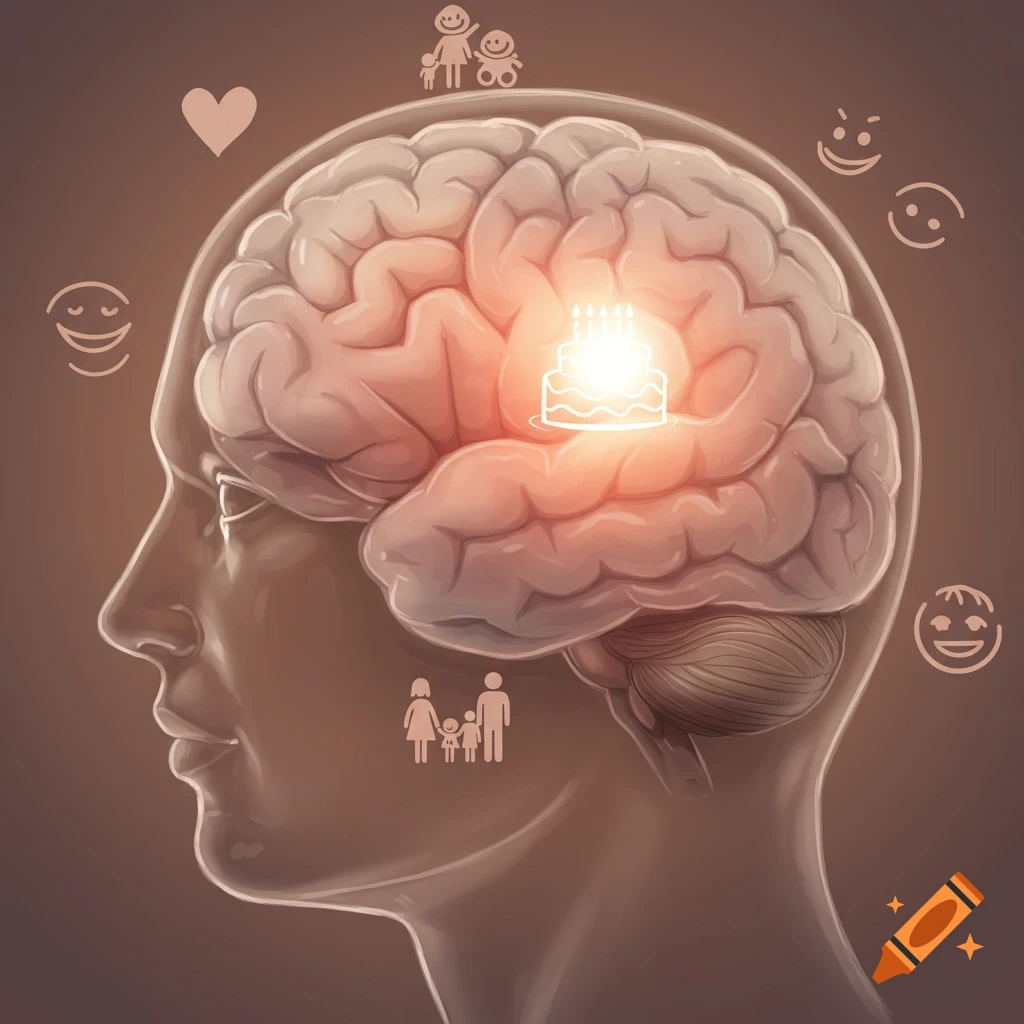 A translucent profile of a human head with a glowing brain inside, featuring a birthday cake icon. Surrounding the brain are icons of a heart, smiling family, and happy faces, symbolizing memories.
