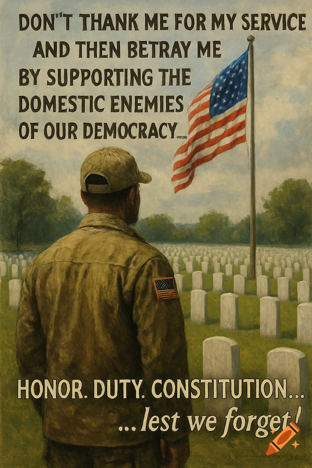 A soldier in uniform stands in a military cemetery, looking towards rows of headstones and a large American flag. The image has text about democracy and service.