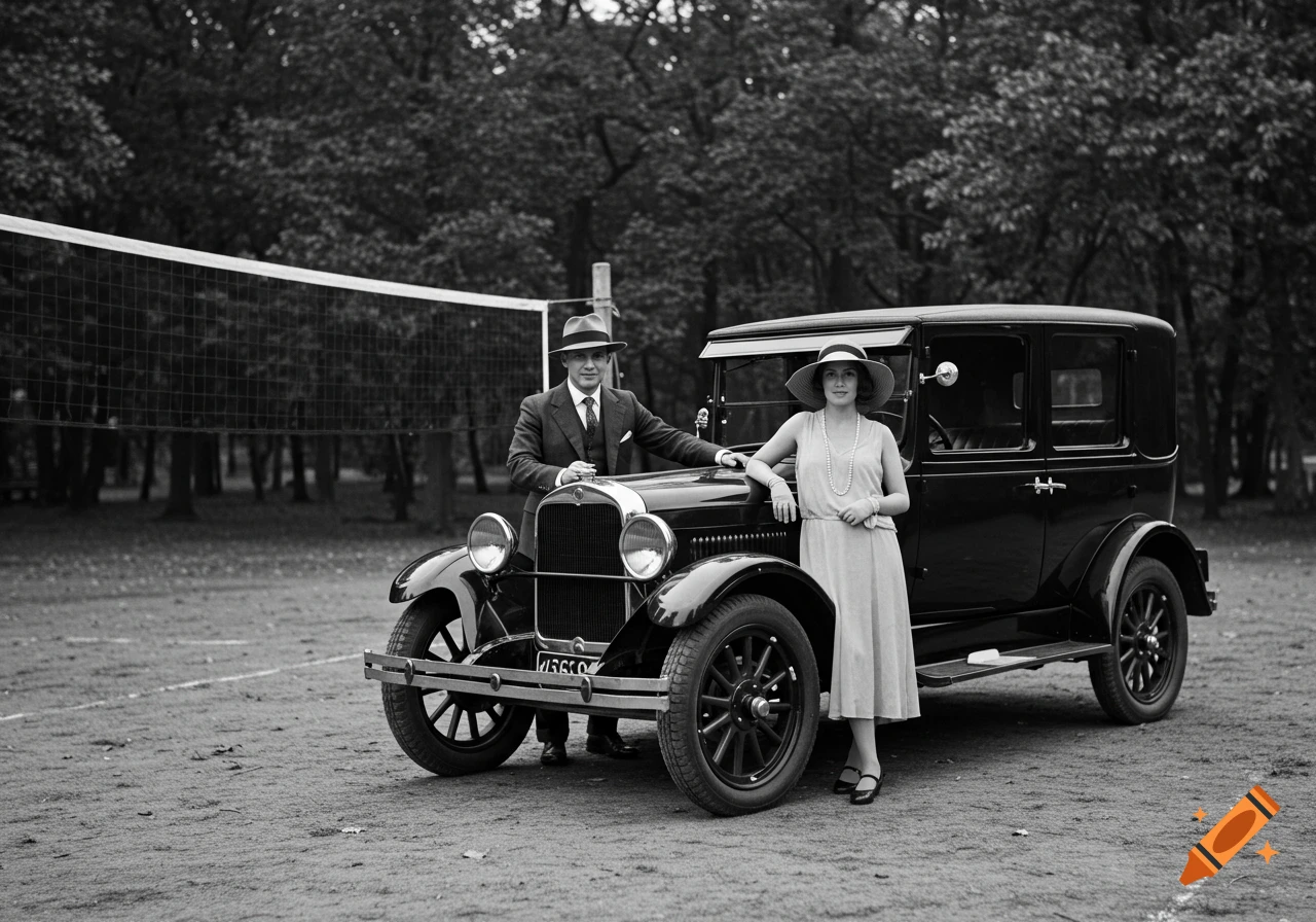 A black and white photo of a man and woman in 1920s attire posing with a vintage car near a volleyball net on a dirt court.