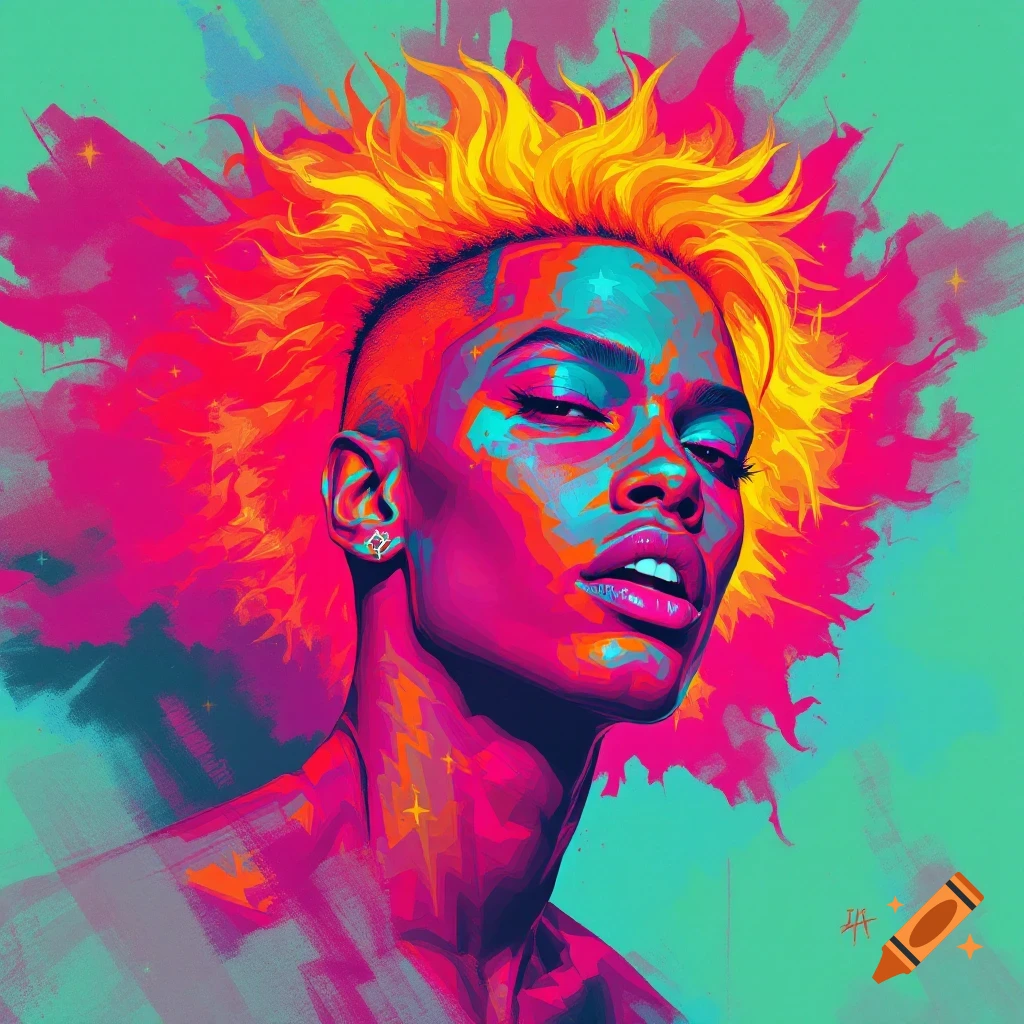 A vibrant pop art portrait of a person with spiky yellow hair and bright pink and blue skin tones against a green background.