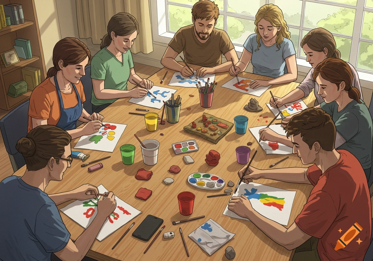 A group of young adults are gathered around a large wooden table ...