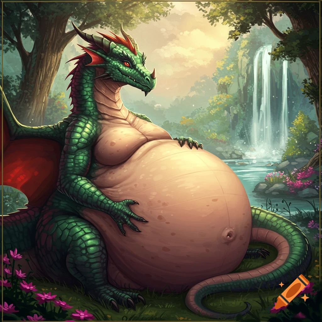 A heavily pregnant green dragon with red wings sits in a lush fantasy forest next to a waterfall and flowers.