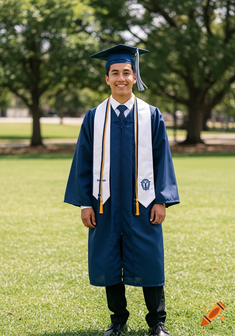 A smiling young man in a blue graduation cap and gown stands outdoors on a sunny day.