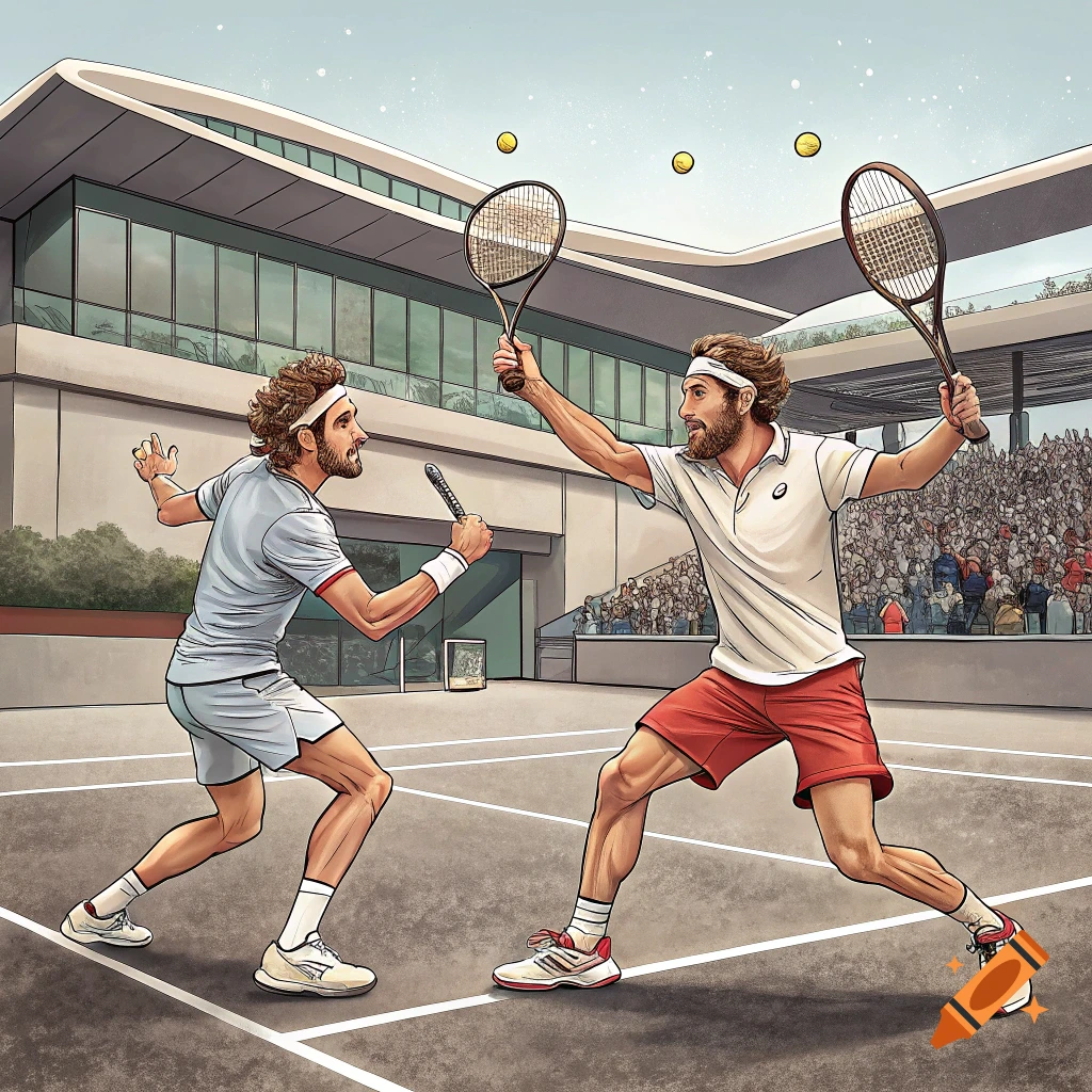 Two men playing tennis on a court with a stadium in the background, in an illustration style.