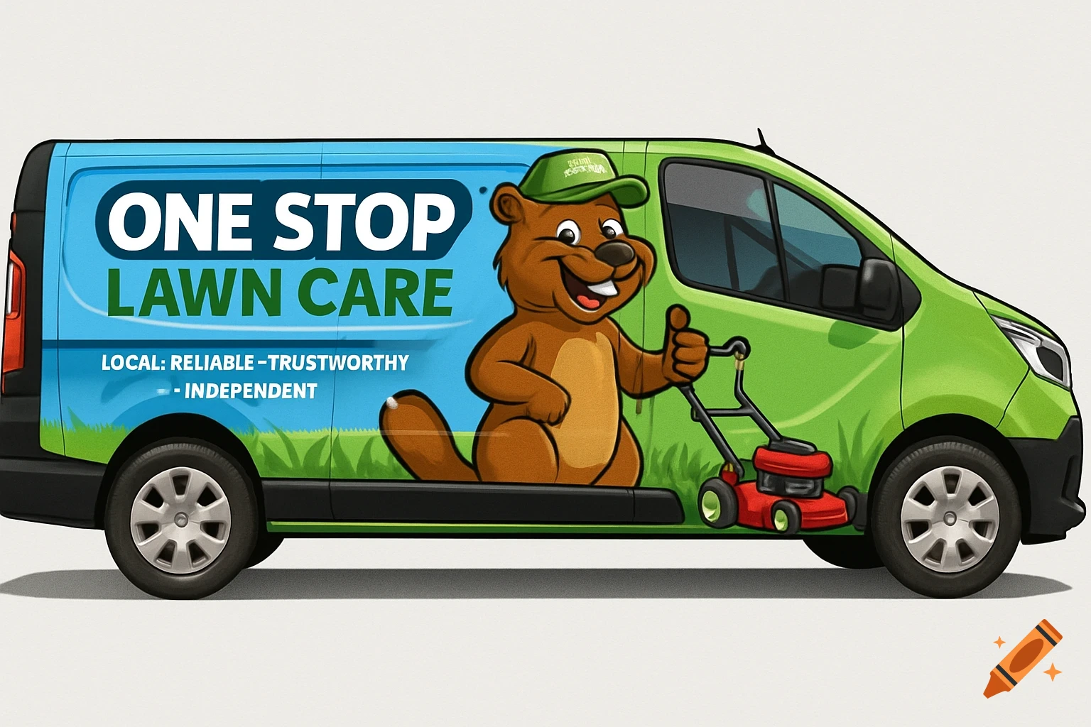 Cartoon illustration of a green and blue van for 'ONE STOP LAWN CARE' featuring a beaver mascot and slogan.