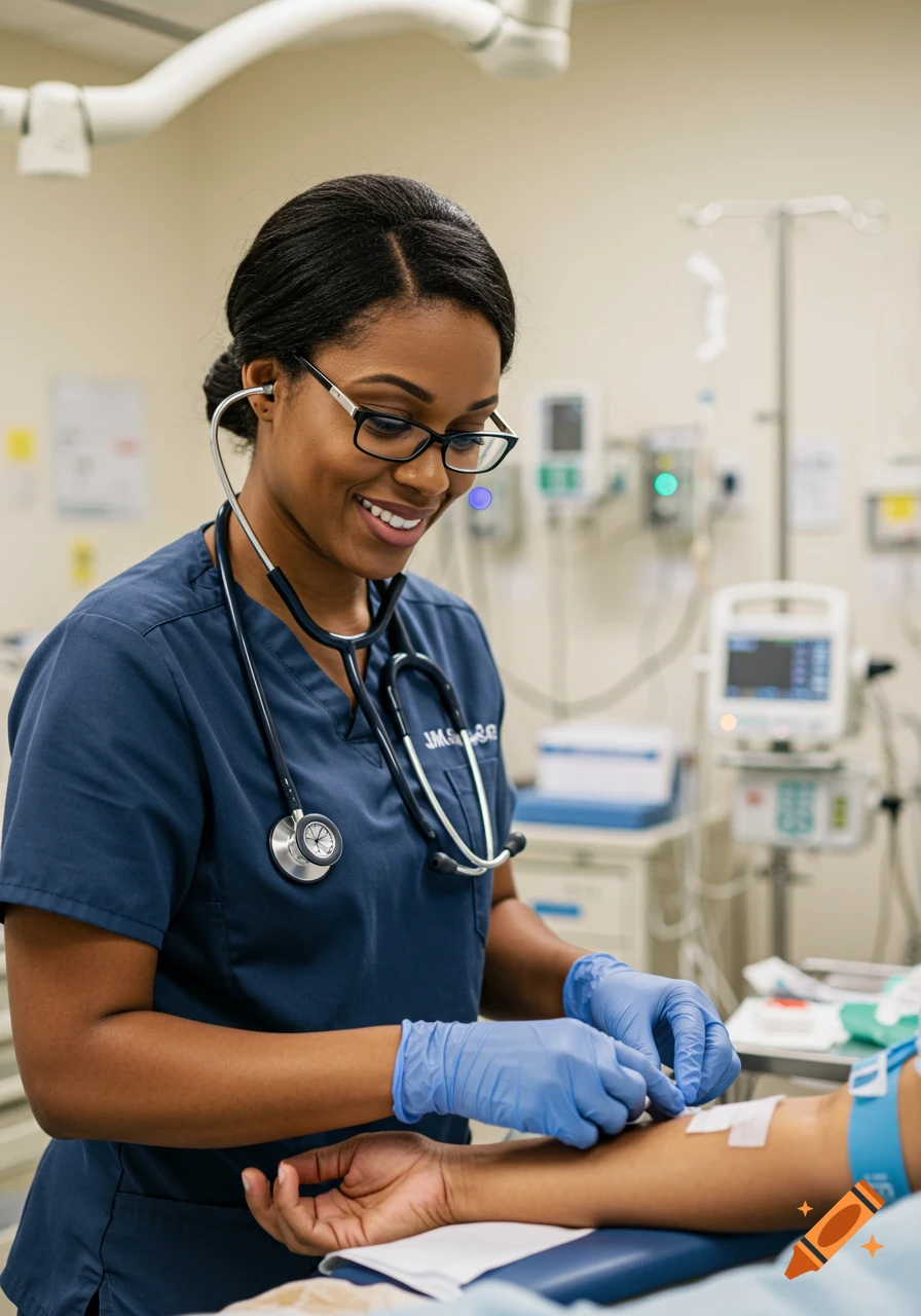 A Black nurse with glasses and a stethoscope smiles while performing a blood draw on a patient's arm in a medical setting.