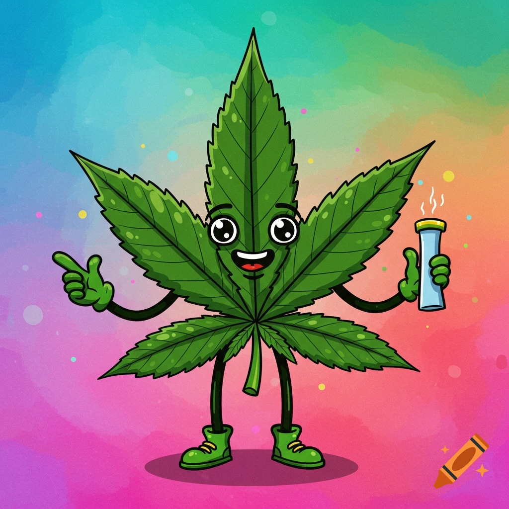 A vibrant cartoon marijuana leaf character with a happy face, pointing with one hand and holding a smoking device in the other, against a colorful rainbow background.