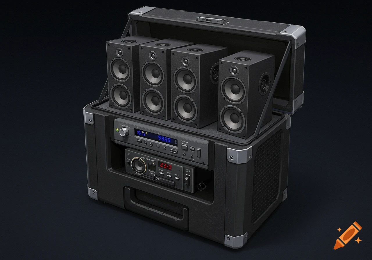 A dark, portable case with an open lid, housing four black speakers and two audio receivers with blue and red digital displays.