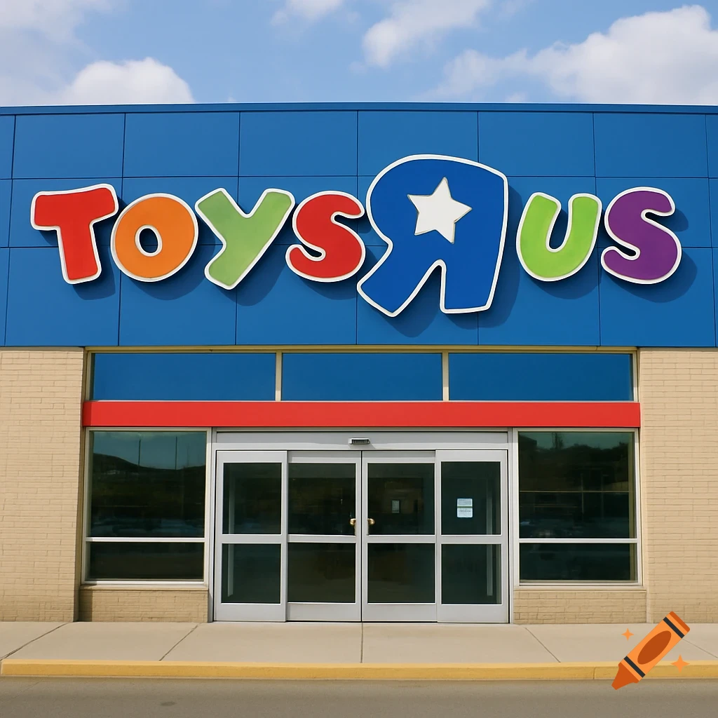 A colorful Toys R Us store facade under a blue sky, with the iconic logo and automatic glass doors.