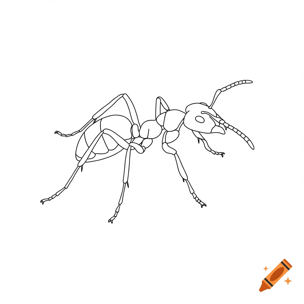 A black and white outline drawing of an ant.