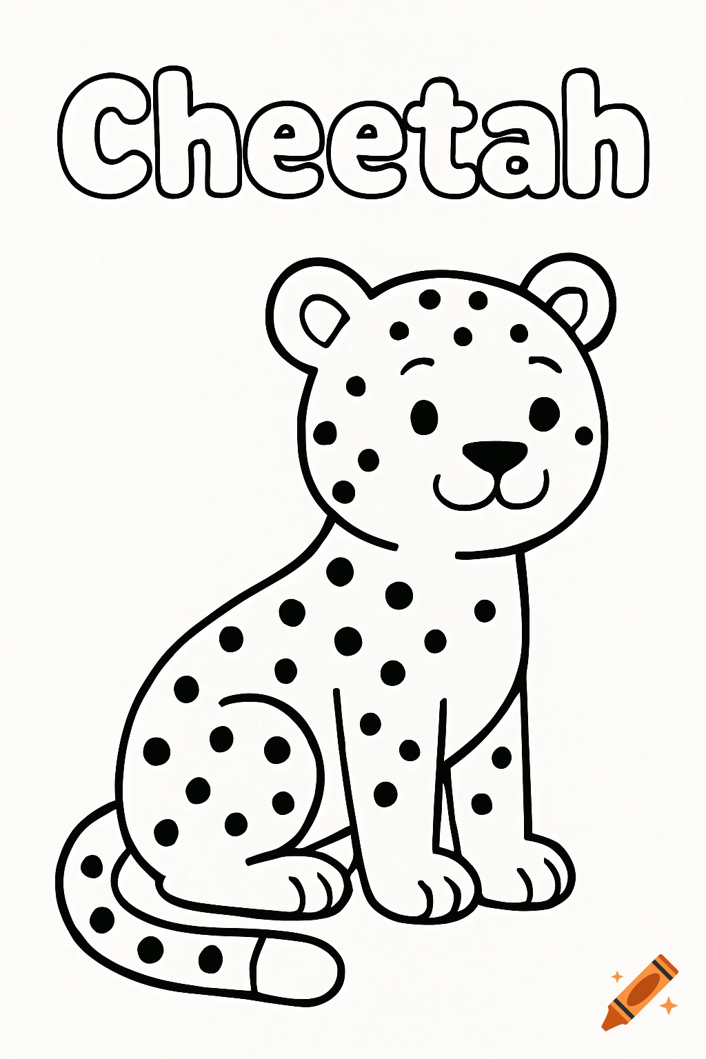 A black and white line art coloring page of a cute cartoon cheetah sitting, with the word 'Cheetah' above it.