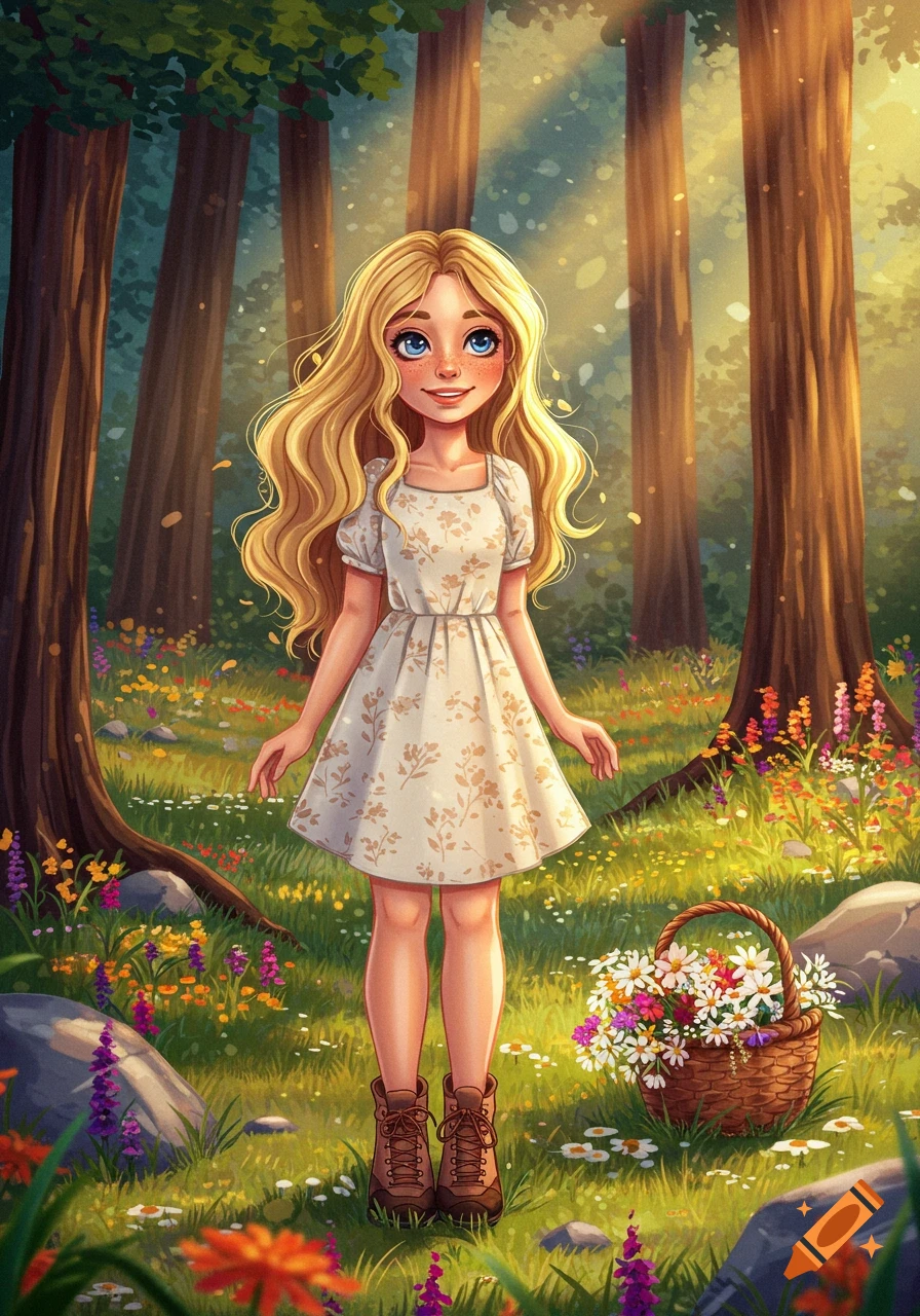 A blonde girl in a floral dress stands in a vibrant, sunlit forest meadow with colorful wildflowers and a flower basket. Illustration.
