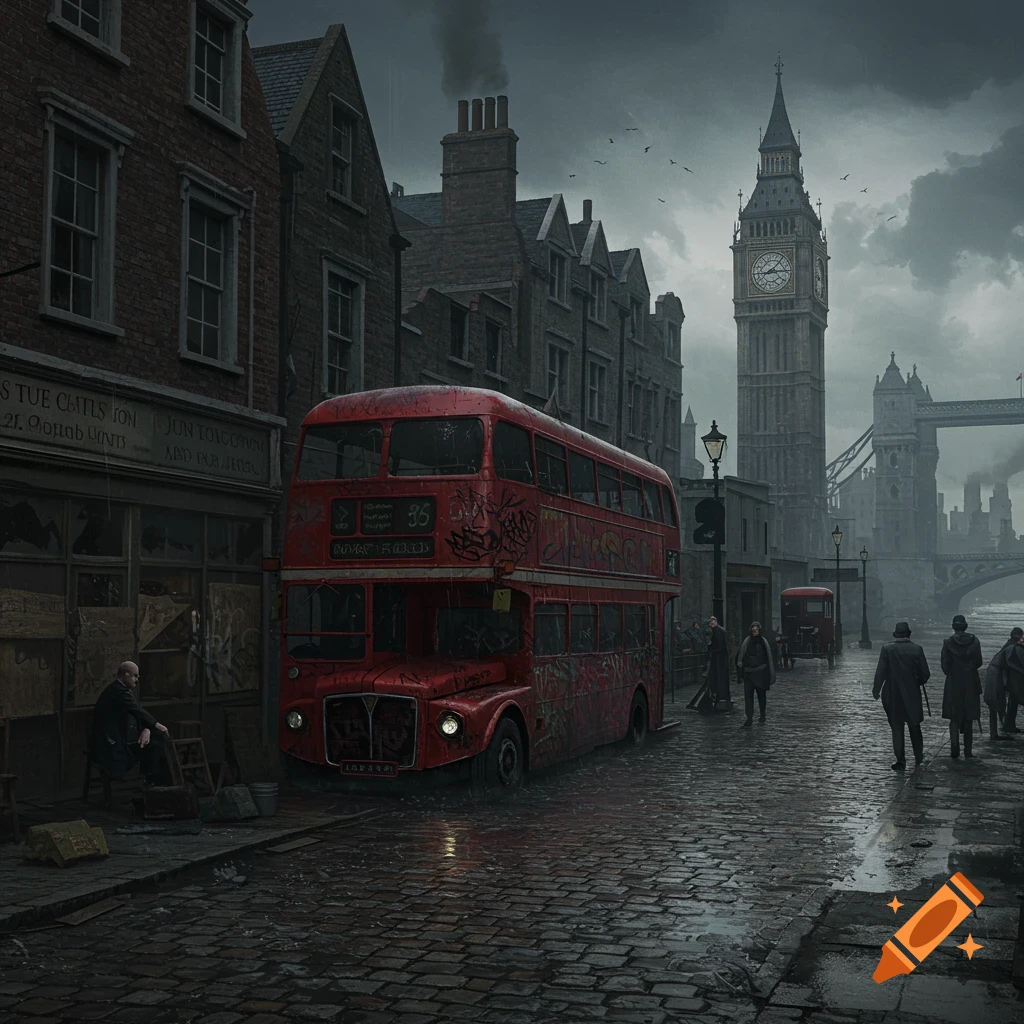 A gloomy, desaturated street scene in London with a red double-decker bus, Big Ben, and Tower Bridge under a dark sky.