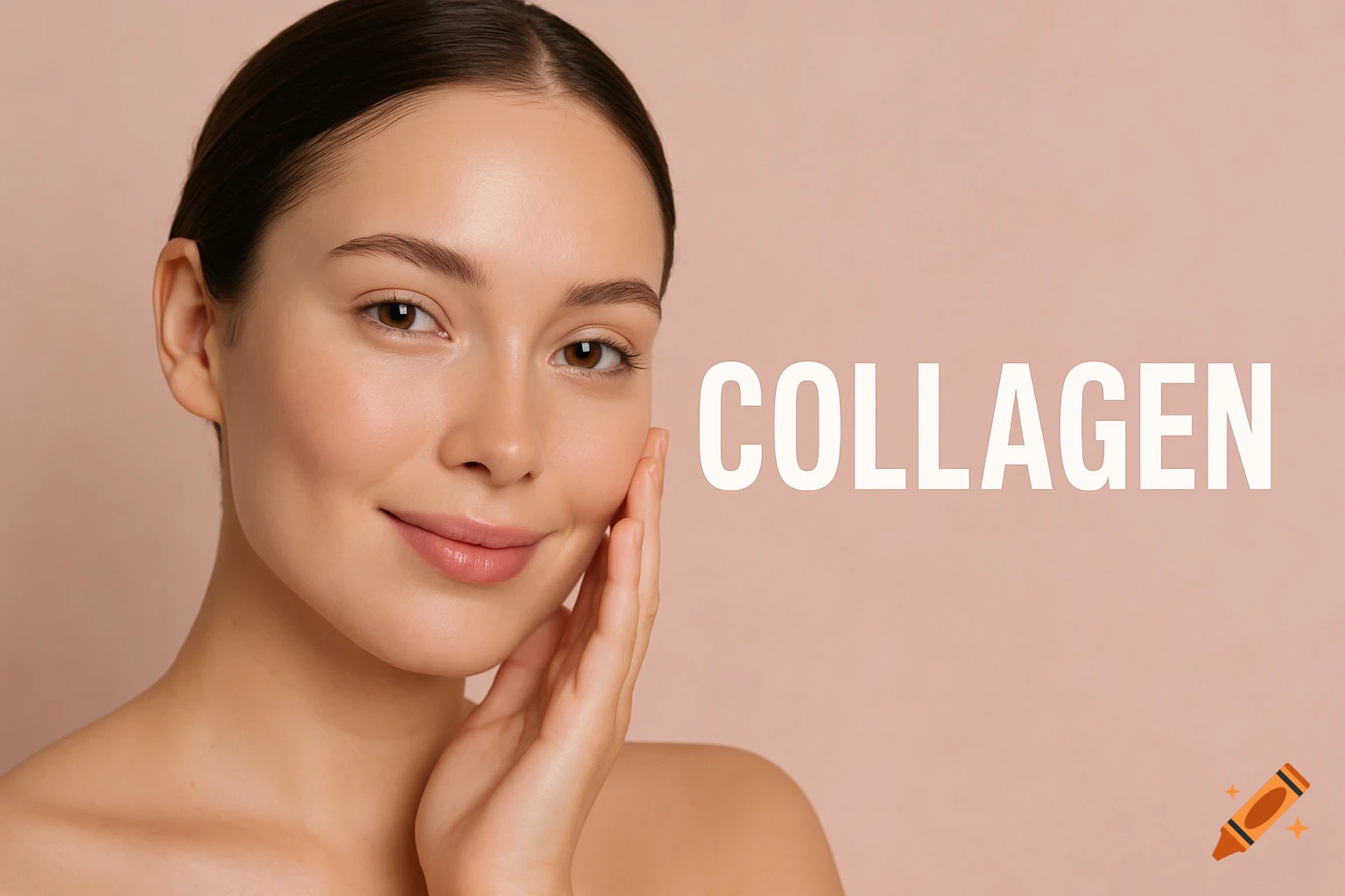 A photorealistic image of a smiling woman touching her cheek, with the word COLLAGEN on a peach background.