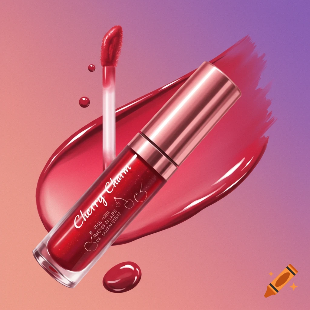 Red lip gloss tube with an applicator and gloss smears on a vibrant gradient background.