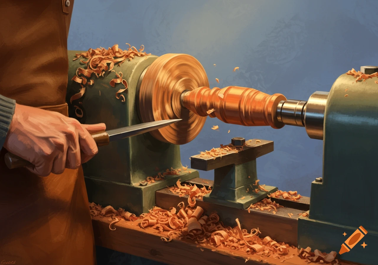 A person's hands shaping wood on a spinning lathe, surrounded by wood shavings, in an illustrative style.