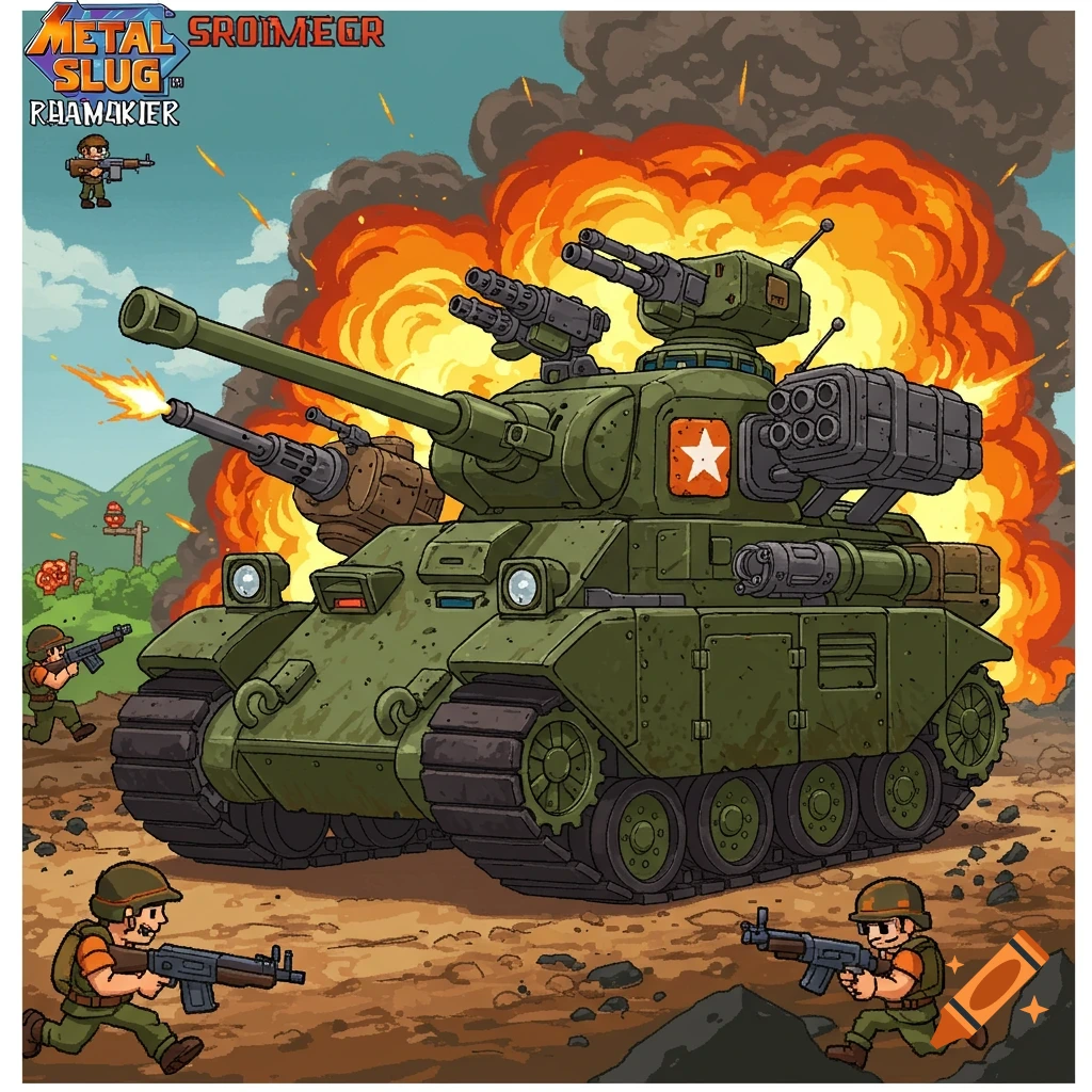Cartoon military tank and soldiers firing amidst explosions in a video game style.