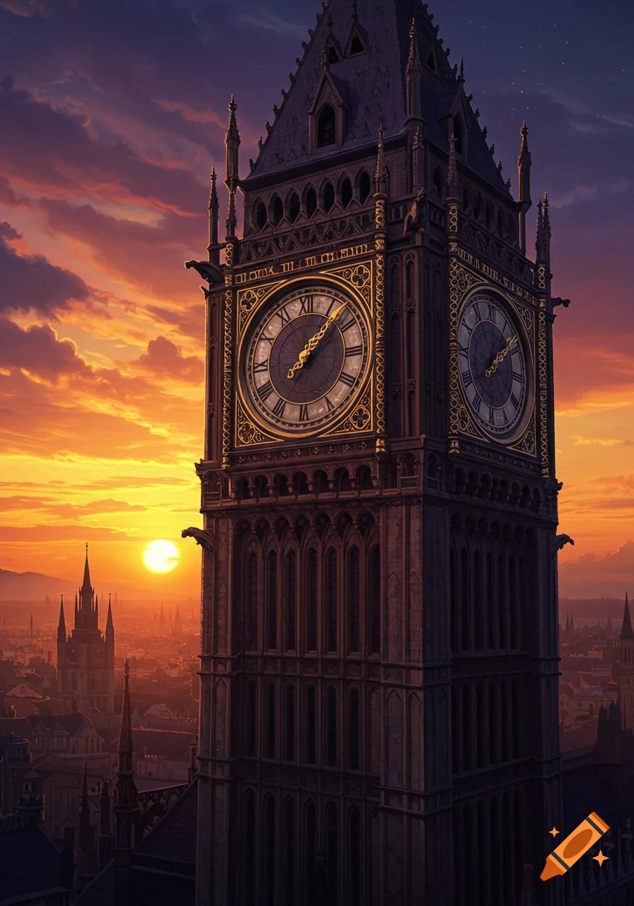An ornate clock tower, resembling Big Ben, stands tall against a dramatic orange and purple sunset sky over a city.