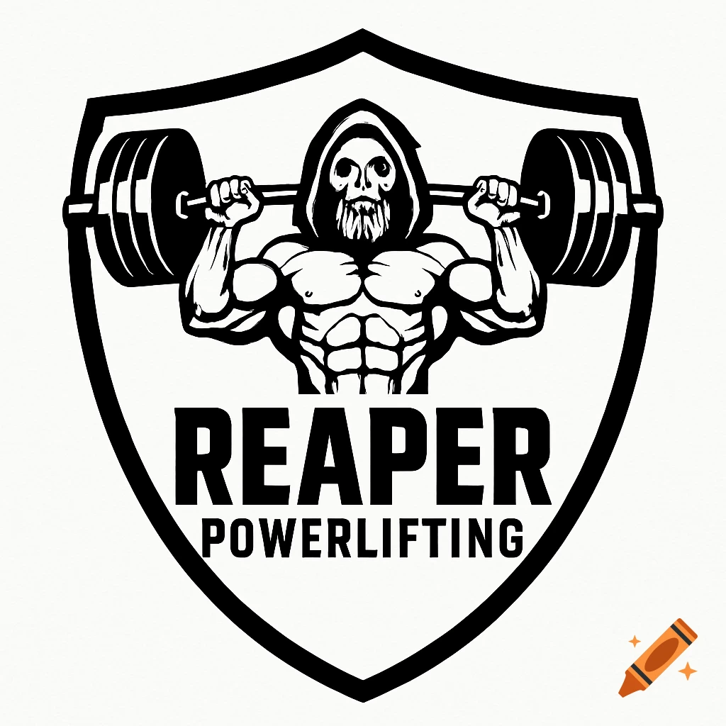 Black and white logo of a muscular grim reaper bench pressing inside a shield emblem with 'REAPER POWERLIFTING' text.