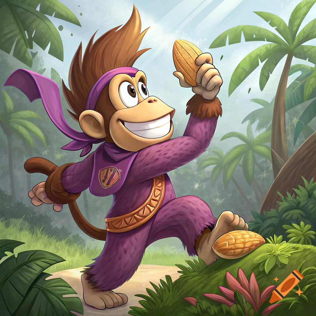 A smiling, purple-furred cartoon monkey resembling Diddy Kong, wearing a purple bandana and chest plate, walks through a lush jungle holding a large, brown peanut, with another peanut on the ground.