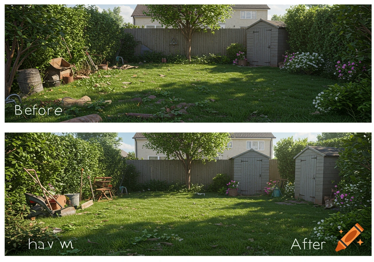 Photorealistic image showing a dirty garden before cleaning with scattered debris, and a cleaned garden after, featuring lush green grass and tidy shrubbery.